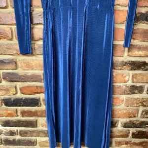 Zara Navy Blue Pleated Satin Long Sleeve Midi Dress Women's Size Medium thumbnail 4