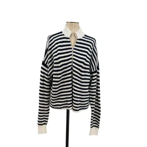 Madewell Ribbed Half-Zip Sweater in Stripe Ivory White Navy Blue‎ Size XXL thumbnail 3