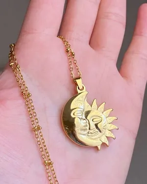 Handmade gold tone stainless steel whimsical vintage boho style sun & moon necklace🌛🌞 thumbnail 5