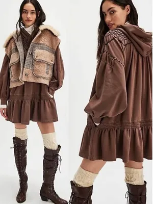 Free People Bohemian Marty Smocked Mini Dress Brown Bear Sweatshirt Tunic Medium thumbnail 2