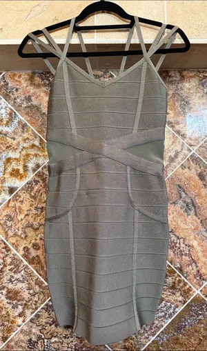 Bebe Dusty Olive Strappy Bandage Bodycon Mini Dress Mesh Cutout Sides Size XS thumbnail 1
