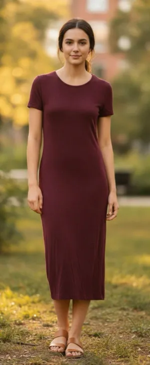 Cremieux Short-Sleeve Lined Knit Bodycon Midi Dress Burgundy Small Timeless thumbnail 1