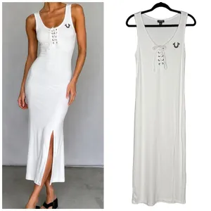 True Religion M Horseshoe Logo Stretch Lace Up Midi Dress Tank Top White $129 thumbnail 2