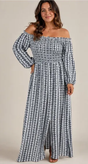 Altar'd State White and Navy Smocked Off-Shoulder Maxi Dress L Boho Cottagecore thumbnail 1