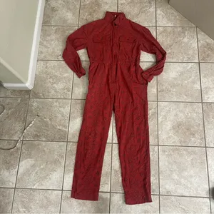 Free People Set The Tone Eyelet Long Sleeve Jumpsuit Terracotta Red Women's Sz 4 thumbnail 16