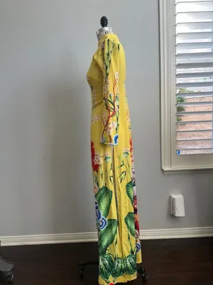 Ao Dai Silk Yellow Floral Dragon Print Long Sleeve Maxi Dress Size M thumbnail 2