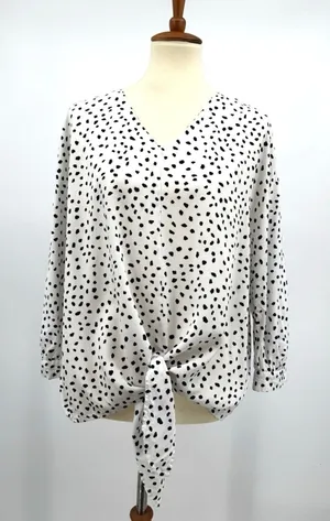 BeachLunchLounge Polka Dot Blouse V Neck Boho Tie Front Flowy Casual Chic Top L thumbnail 1