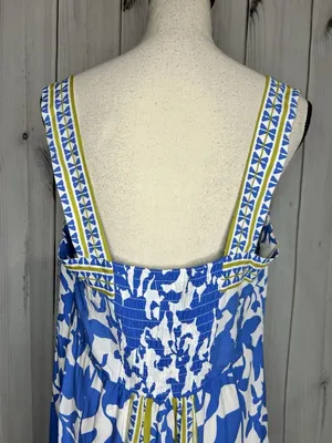 Vince Camuto Floral Border Print Smocked Back Maxi Dress Blue White Sz L Rayon thumbnail 9