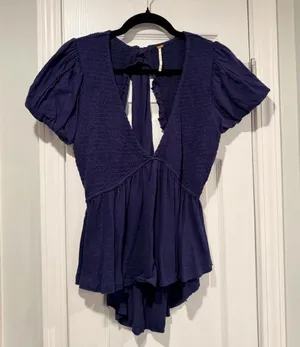 NWOT Free People Size S Blue Smocked Puff Sleeve Open Tie Back Babydoll Top thumbnail 1