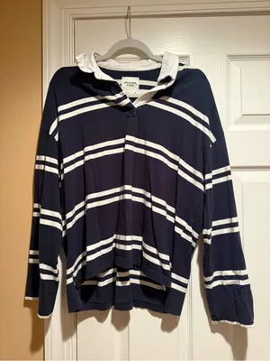 Abercrombie & Fitch contrast stripe rugby top in navy multi - Medium thumbnail 4