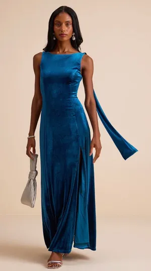 Lulus Liora Dark Teal Velvet Boat Neck Sash Maxi Dress thumbnail 1