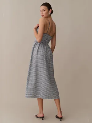 Few Moda Kourt Darya Size XS Blue Linen Smocked Midi Dress thumbnail 4