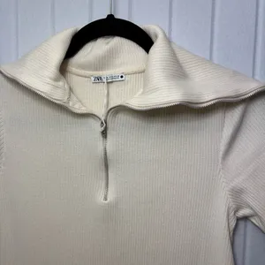 ZARA Sweater Dress Ivory Short Sleeves Quarter Zip Ribbed Knit Size Size M‎ thumbnail 3