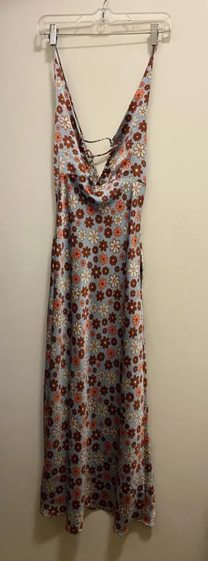 Cotton Candy LA Maxi Halter Slip Dress M Satin Blue Brown Floral Hippie Boho Vtg thumbnail 1