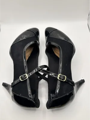 Dexflex Comfort Black Pump Pointed Toe Faux Suede Patent Ankle Strap Heels 8.5 thumbnail 5