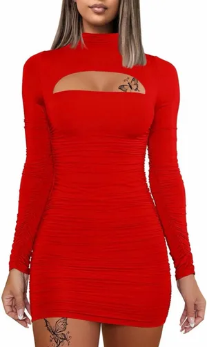 NEW Long Sleeve Cut Out Bodycon Ruched Party Club Mini Dress L thumbnail 1