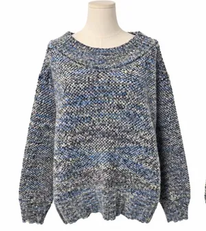 Free People Marled Blue Gray Oversized Knit Sweater Medium Boat Neck thumbnail 1