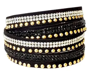 Punk Rock Rhinestone Black Wrap Bracelet Black thumbnail 1