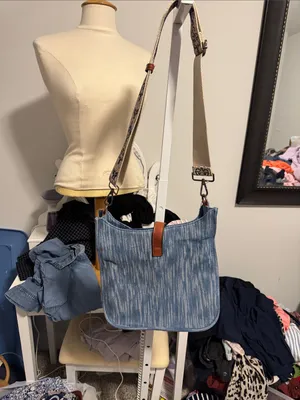 Denim Shoulder Bag with Brown Leather Accent Strap Blue thumbnail 3