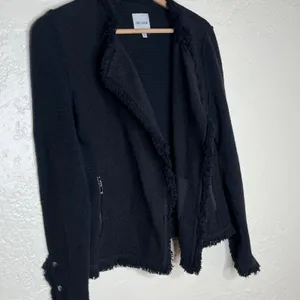 NIC+ZOE Womens Black Fringe Trim Open Front Knit Jacket XS Snap Cuff Pocket thumbnail 3