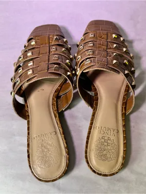 Vince Camuto Cognac Braided Leather Slide Mules with Gold Studs thumbnail 7