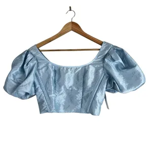 NWT Topshop Corset Puff Sleeve Solid Crop Top Blue Regencycore Shimmer Size 6 thumbnail 2