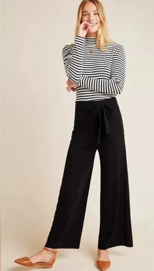 Moth by Anthropologie Black Wide Leg Knit Pants Tie Waist Size S thumbnail 1