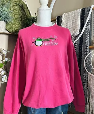 Vintage Christmas Winter Penguin Grannycore Double Crewneck Pink Sweatshirt thumbnail 1