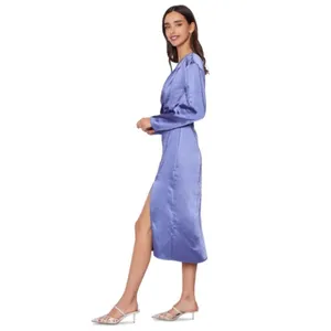Lost + Wander Adria Purple Satin Off Shoulder Asymmetrical Midi Dress Size S NWT thumbnail 4