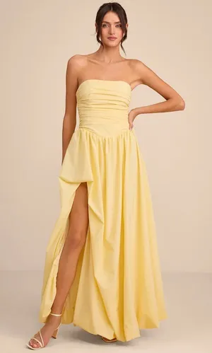 NWT Lulus Marilou Light Yellow Strapless Ruched Lace-Up Maxi Dress thumbnail 1