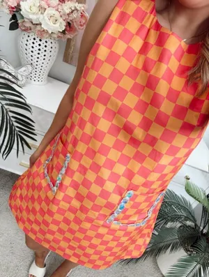 Queen Of Sparkles Pink & Orange Plaid Jewel Pocket Cotton Tank Dress Size Small thumbnail 2