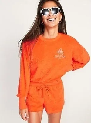 Old Navy Orange Loose Cropped Long-Sleeve Performance Slub-Knit Terry Sweatshirt thumbnail 1