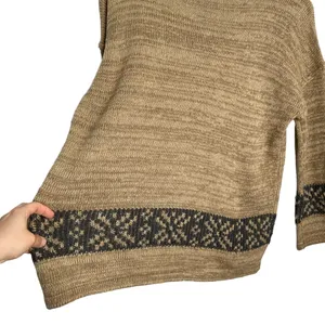 Hem & Thread Tan Knit Gray Fair Isle Stripe 3/4 Length Sleeve Sweater thumbnail 8