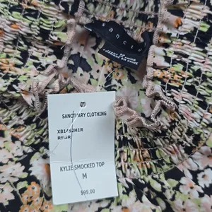 Sanctuary -665 NWT Kylie Smocked Top Long Sleeve Blouse Black Blush Floral‎ M thumbnail 4