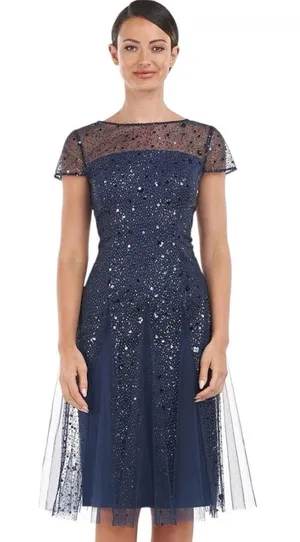 JS Collections‎ Alyssa Sequin Godet Cocktail Dress Navy 6 thumbnail 1