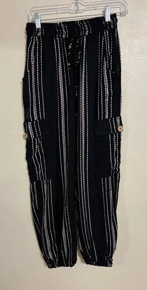 Angie Black Striped Rayon Cargo Jogger Pants Boho Size M thumbnail 1