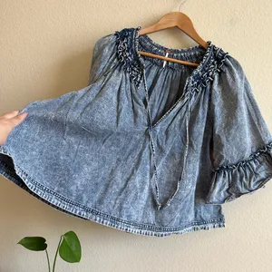 Free People Washed Denim Smocked Top thumbnail 6