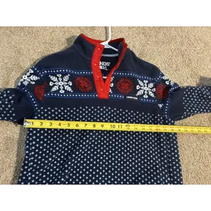 Lands' End navy blue fleece pullover white snowflake dot pattern Small thumbnail 6