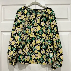 WHO WHAT WEAR Balloon Long Sleeve Keyhole Top‎ Black Green Floral Womens Large thumbnail 1