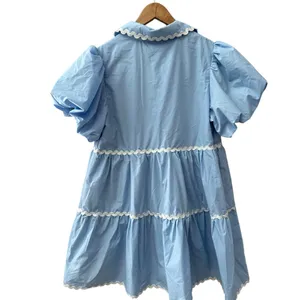 Mainstrip Puffed Sleeve Ric Rac Trimmed Solid Mini Dress‎ Blue Size Large thumbnail 9