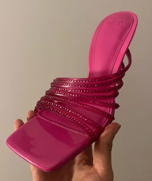 ZARA Hot Pink Rhinestone Embellished Vinyl Sequin Strappy Open Square Toe High Heels Sandals Mules thumbnail 1