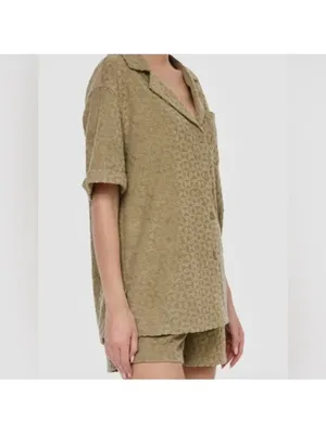 Avec Les Filles Textured Button Down Shirt S Triangle Terrycloth Olive Cover Up thumbnail 2