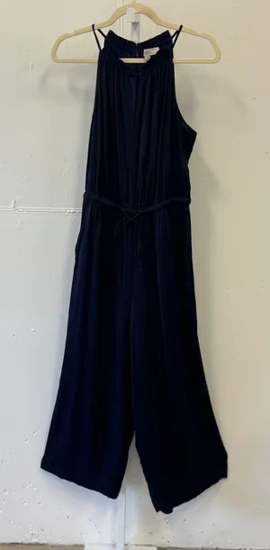 LOFT Satin Sleeveless Halter Neck Wide Leg Jumpsuit Size S 494571 Navy Blue thumbnail 1