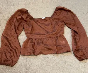 Gilli Brown Smocked Peplum Blouse Long Sleeve thumbnail 1