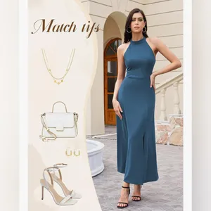 NEW Blue Formal Halter Wedding Cocktail Evening Split Midi Dress XL thumbnail 6
