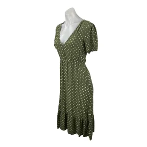 Zara Womens Green Polka Dot V Neck Puff Sleeve Button Midi Flare A-Line Dress XS thumbnail 3