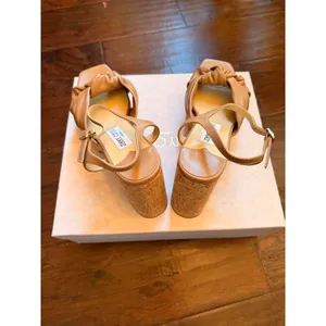 Jimmy Choo Beige Leather Platform Sandals with Cork Heel thumbnail 4
