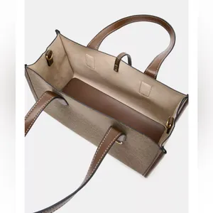 Zara NWT tan brown and taupe woven fabric shopper handbag top handle purse thumbnail 5