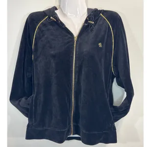 Lauren Ralph Lauren Velvet Zip Up Hoodie Jacket‎ Black Gold RL Logo Women XL thumbnail 6
