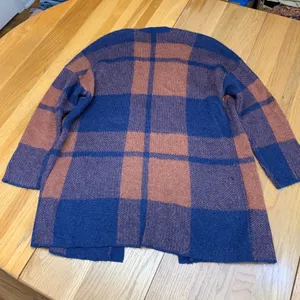 American Eagle Womens Blue Orange Buffalo Plaid Wool‎ Blend Cardigan Sweater S thumbnail 4